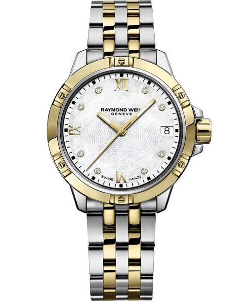 Produktbilde av Raymond Weil Tango Ladies. Hvit permorskive med 8 diamanter og romertall. Gull og sølvfarget lenke. Ref: 5960-STP-00995.