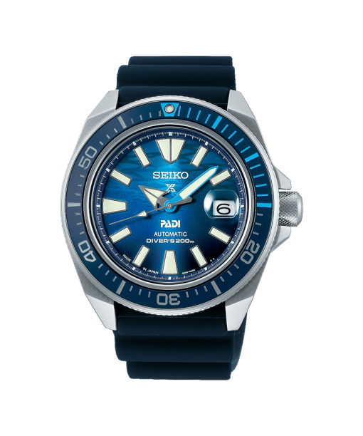 Produktbilde av Seiko Prospex «Great Blue» Samurai Scuba PADI – SRPJ93K1 med blå tallskive og silikonrem. Referanse: SRPJ93K1.