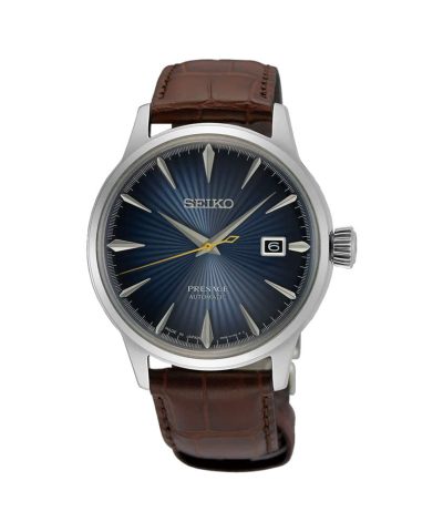 Produktbilde av Seiko Presage Cocktail time med mørk blå tallskive og skinnrem. Referanse: SRPK15J1.