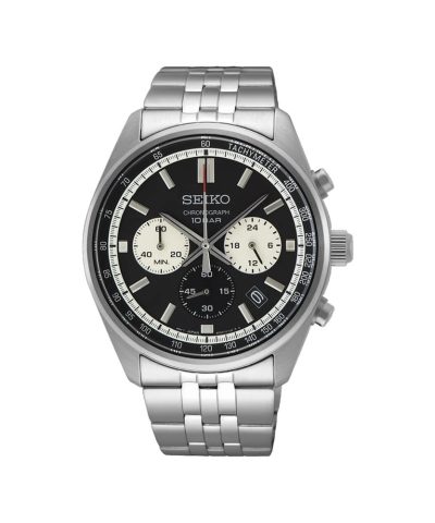 Produktbilde av Seiko Racing Sports med sort tallskive og stål lenke. referanse: SSB429P1.