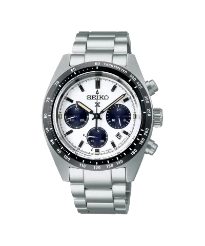 Produktbilde av Seiko Prospex Speedtimer med hvit tallskive og stål lenke. Referanse: SSC813P1