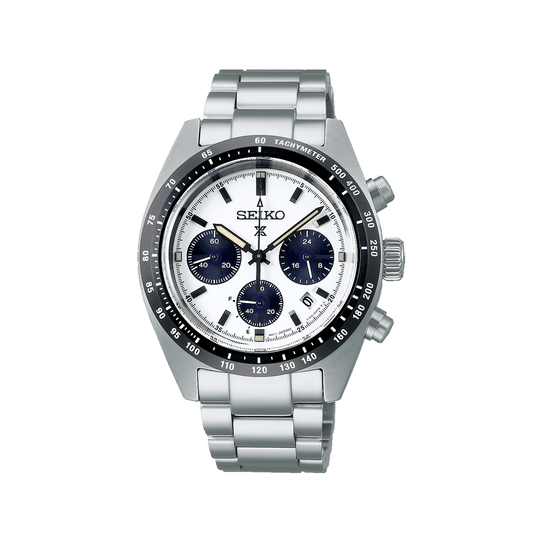 Produktbilde av Seiko Prospex Speedtimer med hvit tallskive og stål lenke. Referanse: SSC813P1