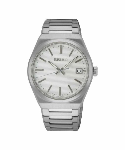 Produktbilde av Seiko Essential Time med hvit skive og stål lenke. Referanse: SUR553P1