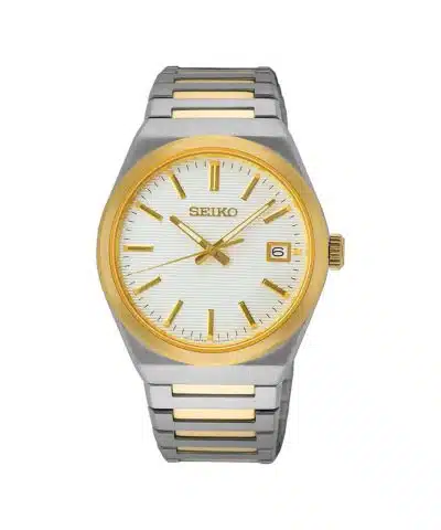 Produktbilde av Seiko Essential Time med hvit skive og stål lenke. Referanse: SUR558P1